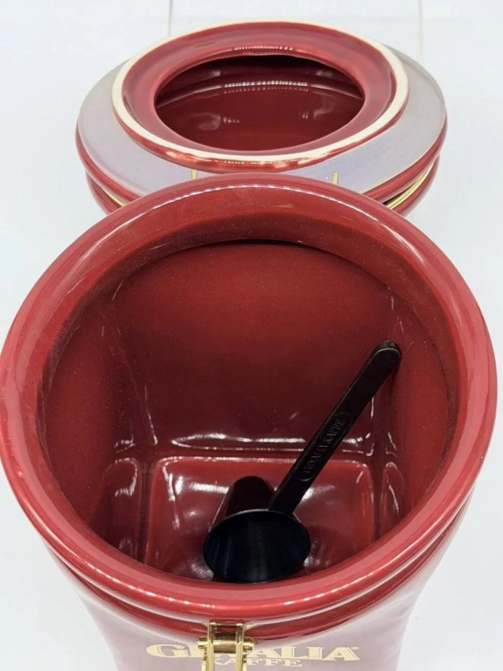 Gevalia Kaffe Maroon Burgundy Red & Gold Ceramic Air Tight Coffee Jar Canister